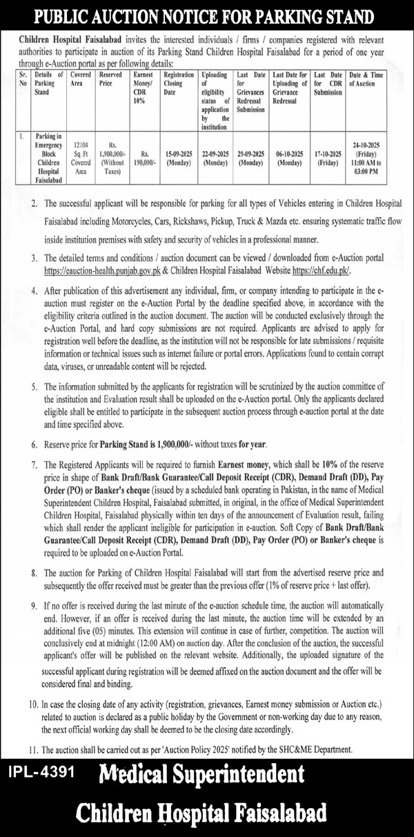 Children Hospital Faisalabad Tender Notice